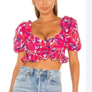 Lovers + Friends Crop Top Womens Size XS Tawny Floral Pink Puff Sleeve Ruffle